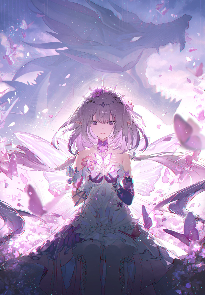 absurdres, asymmetrical_gloves, black_tiara, bow, bright_pupils, bug, butterfly, butterfly_wings
