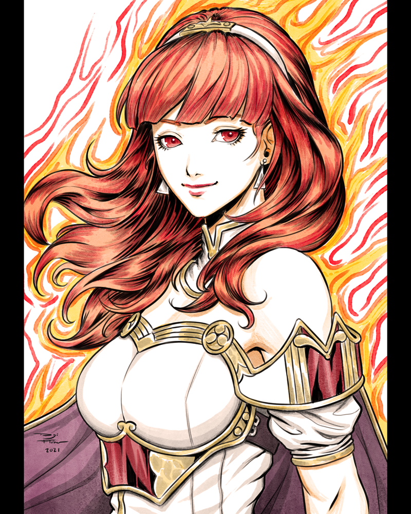 1girl, armor, armpits, breastplate, breasts, cape, celica_(fire_emblem), choker