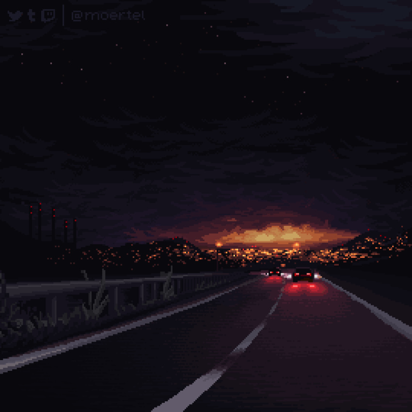 animated, animated_gif, artist_name, black_sky, car, clouds, cloudy_sky, lamppost, looping_animation, moertel, motor_vehicle, mountainous_horizon, night, night_sky, no_humans, original, outdoors, pixel_art, railing, road, scenery, sky, star_(sky), starry_sky, street