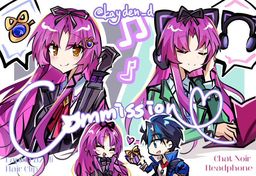1boy, 1girl, 25ocoveryui, absurdres, animal_ear_headphones, animal_ears, aramis_high_school_uniform, black_gloves
