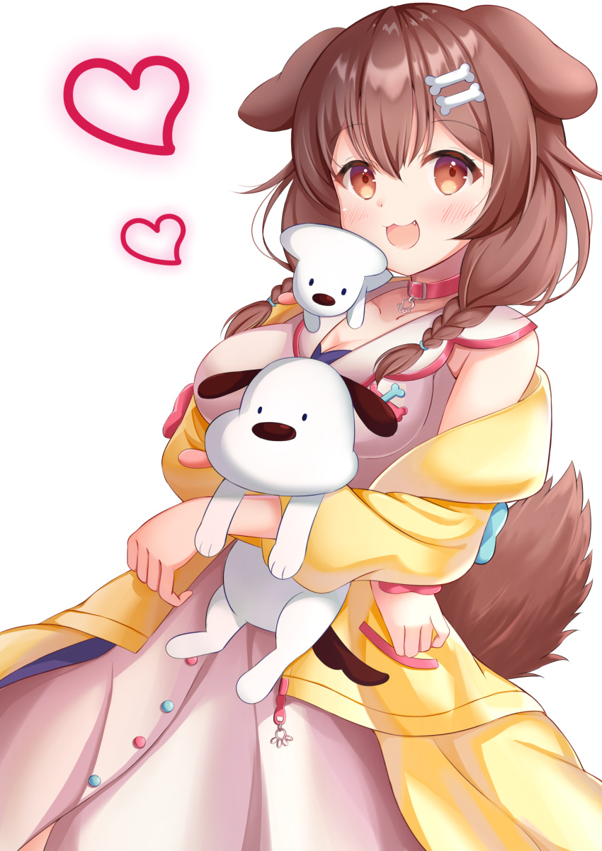1girl, animal_ears, bone_hair_ornament, brown_eyes, brown_hair, dog_ears, dog_girl, dog_tail