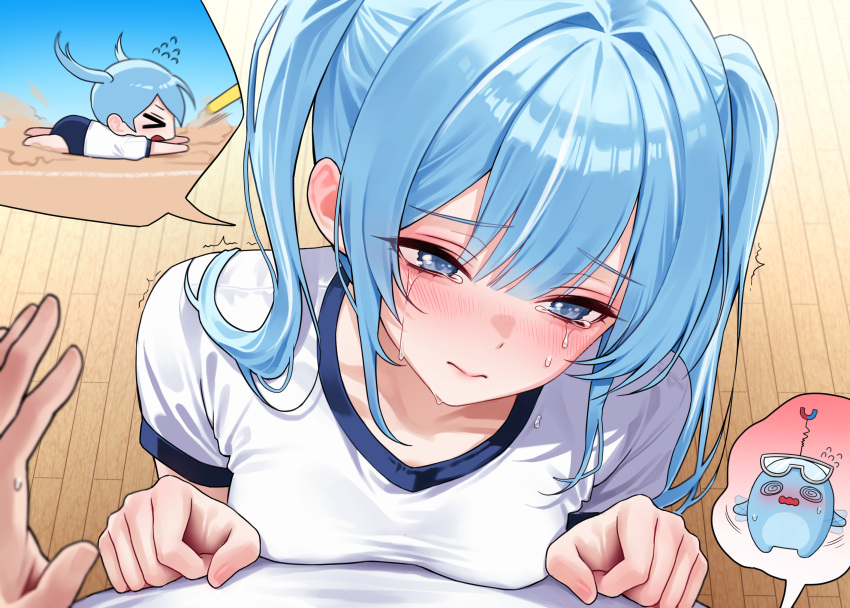 1girl, 1other, 3:, arahashi_tabi, blue_eyes, blue_hair, blush, breasts