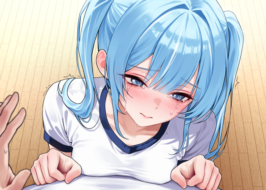 1girl, 1other, 3:, arahashi_tabi, blue_eyes, blue_hair, blush, breasts