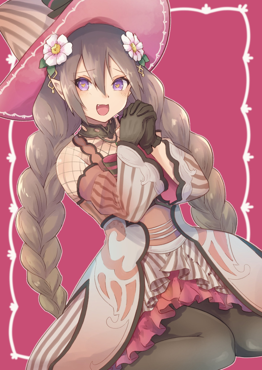 1girl, :d, absurdres, black_gloves, black_pantyhose, blush, braid, brown_dress