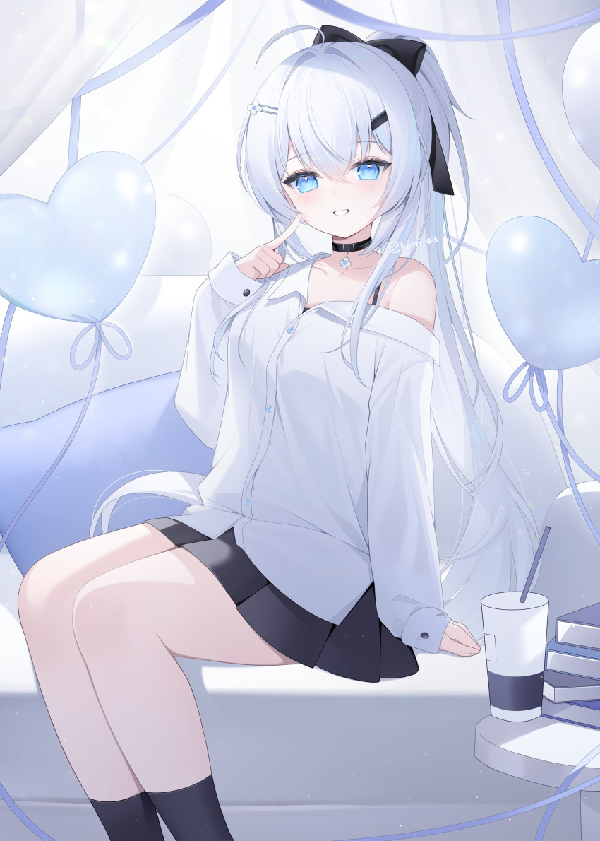 1girl, absurdres, artist_name, balloon, black_skirt, black_socks, blue_eyes, blush