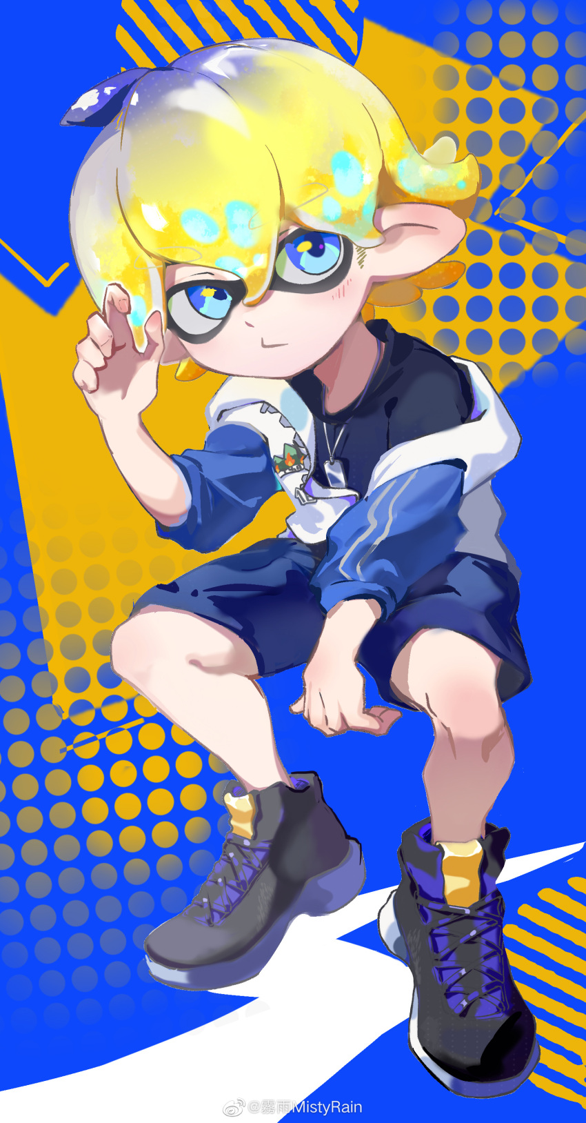 1boy, absurdres, black_shirt, black_shoes, black_shorts, blonde_hair, blue_eyes, blue_shorts