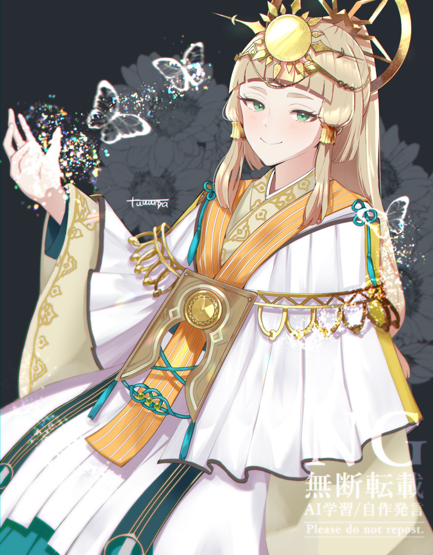 1girl, blonde_hair, blunt_bangs, bug, butterfly, closed_mouth, commentary_request, cowboy_shot, floral_background, flower, green_eyes, hand_up, highres, japanese_clothes, kanata_(rune_factory), kimono, long_hair, long_sleeves, looking_at_viewer, natsume_(tuuunya), rune_factory, rune_factory:_guardians_of_azuma, sidelocks, smile, solo, standing, sun_hair_ornament, white_kimono, wide_sleeves
