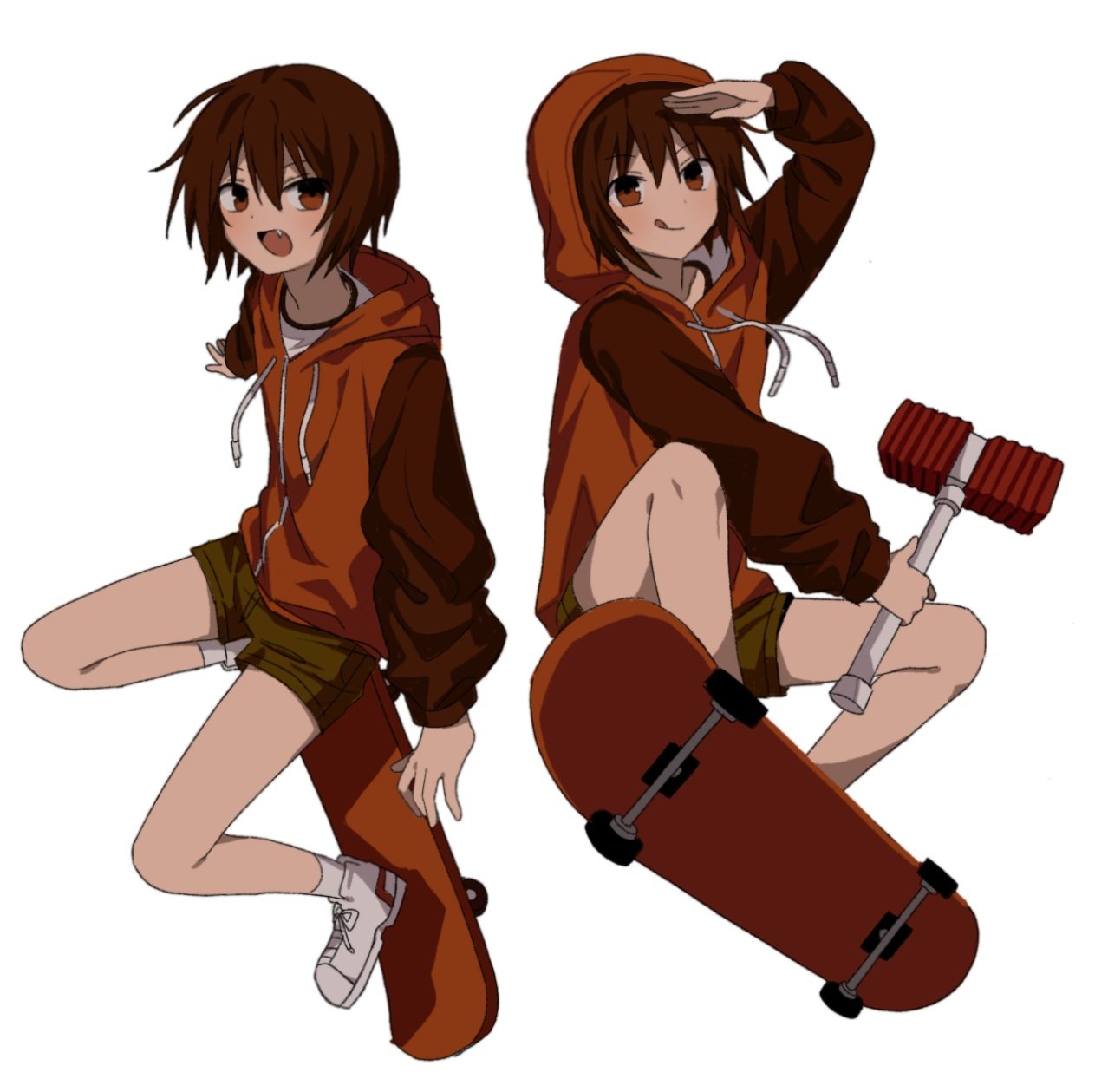 1boy, brown_eyes, brown_hair, debakshotgun0, fang, green_shorts, gwak_jun-hyeong, highres