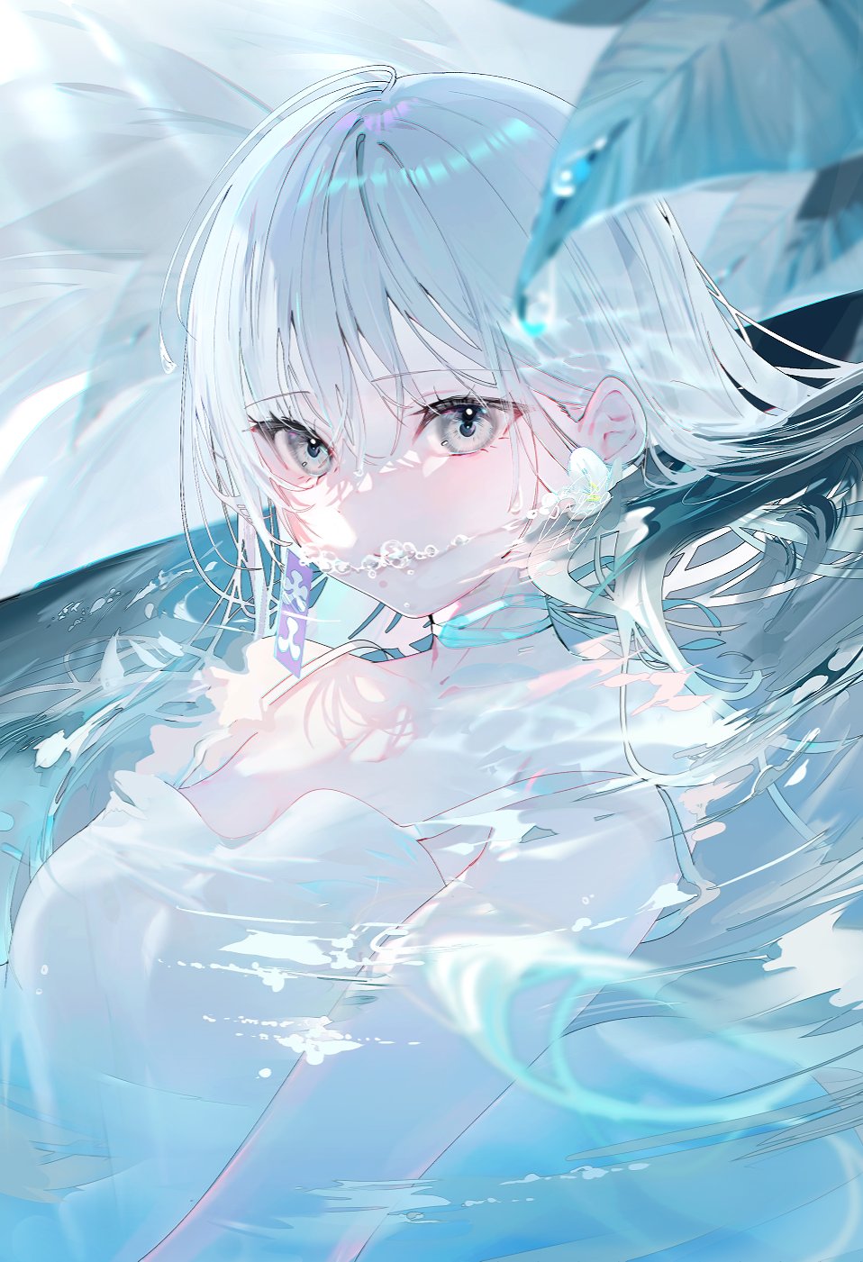 1girl, bare_shoulders, blurry, blurry_foreground, blush, commentary, depth_of_field, english_commentary