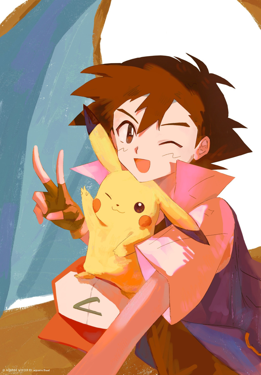 1boy, ;d, ash_ketchum, brown_eyes, brown_hair, brown_pants, explodjelly, fingerless_gloves
