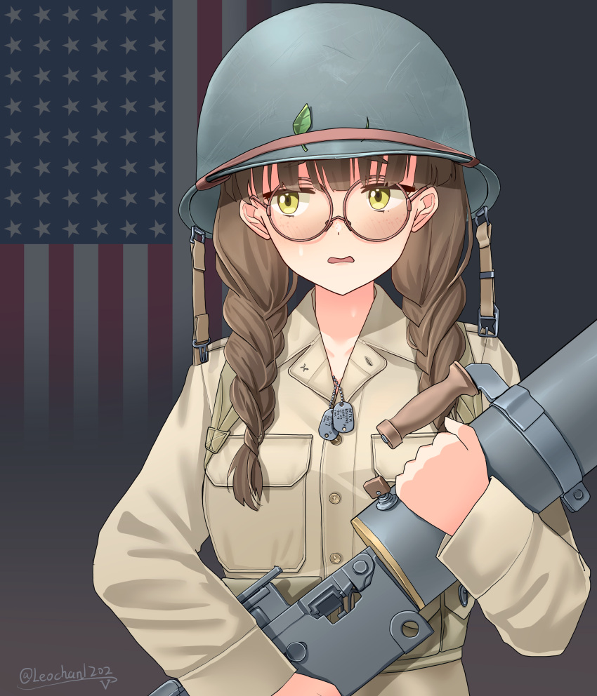 1girl, absurdres, american_flag, american_flag_background, braid, breast_pocket, brown_hair, brown_shirt