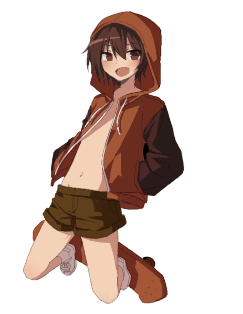 1boy, brown_eyes, brown_hair, brown_shorts, debakshotgun0, fang, full_body, gwak_jun-hyeong