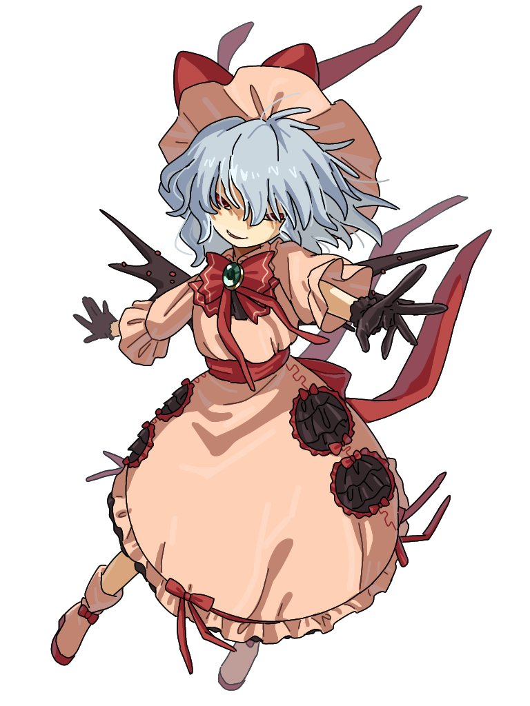 1girl, ascot, bat_wings, black_gloves, blue_hair, bow, chest_jewel, dress