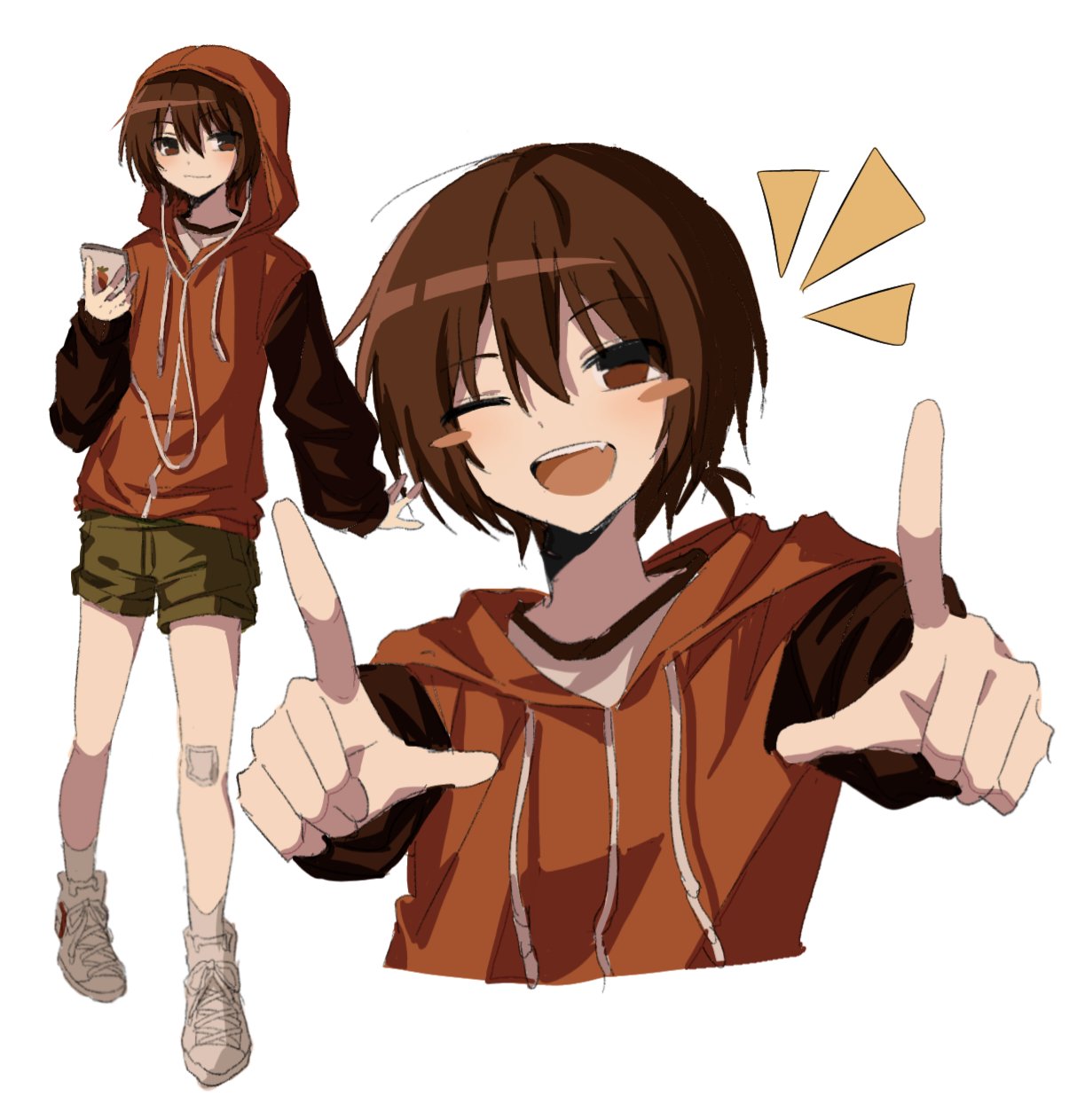 1boy, bandaid, brown_eyes, brown_hair, debakshotgun0, earphones, full_body, green_shorts