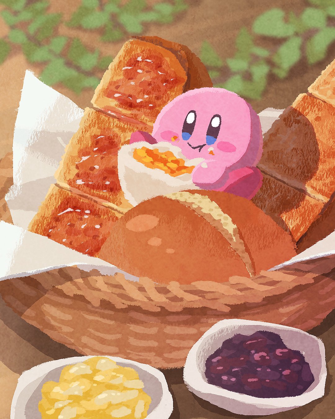 blue_eyes, blueberry, blush_stickers, bread, bread_bowl, closed_mouth, commentary, crumbs