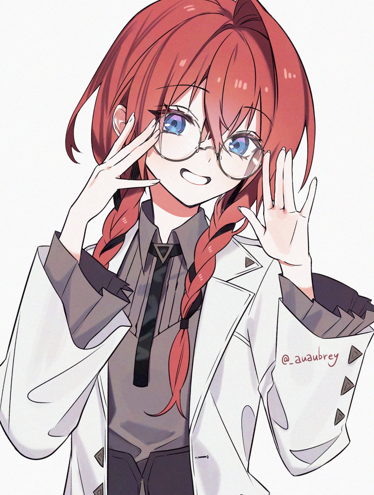 1girl, adjusting_eyewear, ange_katrina, ange_katrina_(4th_costume), aubrey_(kyarairo), black_hair, black_necktie, blue_eyes, braid, coat, collared_shirt, commentary_request, crossed_bangs, eyelashes, glasses, grey-framed_eyewear, grey_shirt, grin, hair_between_eyes, hair_over_shoulder, hands_up, highres, lapels, long_hair, long_sleeves, looking_at_viewer, low_twin_braids, multicolored_hair, necktie, nijisanji, notched_lapels, pleated_sleeves, red_hair, round_eyewear, shirt, shirt_tucked_in, simple_background, single_hair_intake, smile, solo, square-end_necktie, streaked_hair, twin_braids, twitter_username, two-tone_hair, upper_body, virtual_youtuber, white_background, white_coat