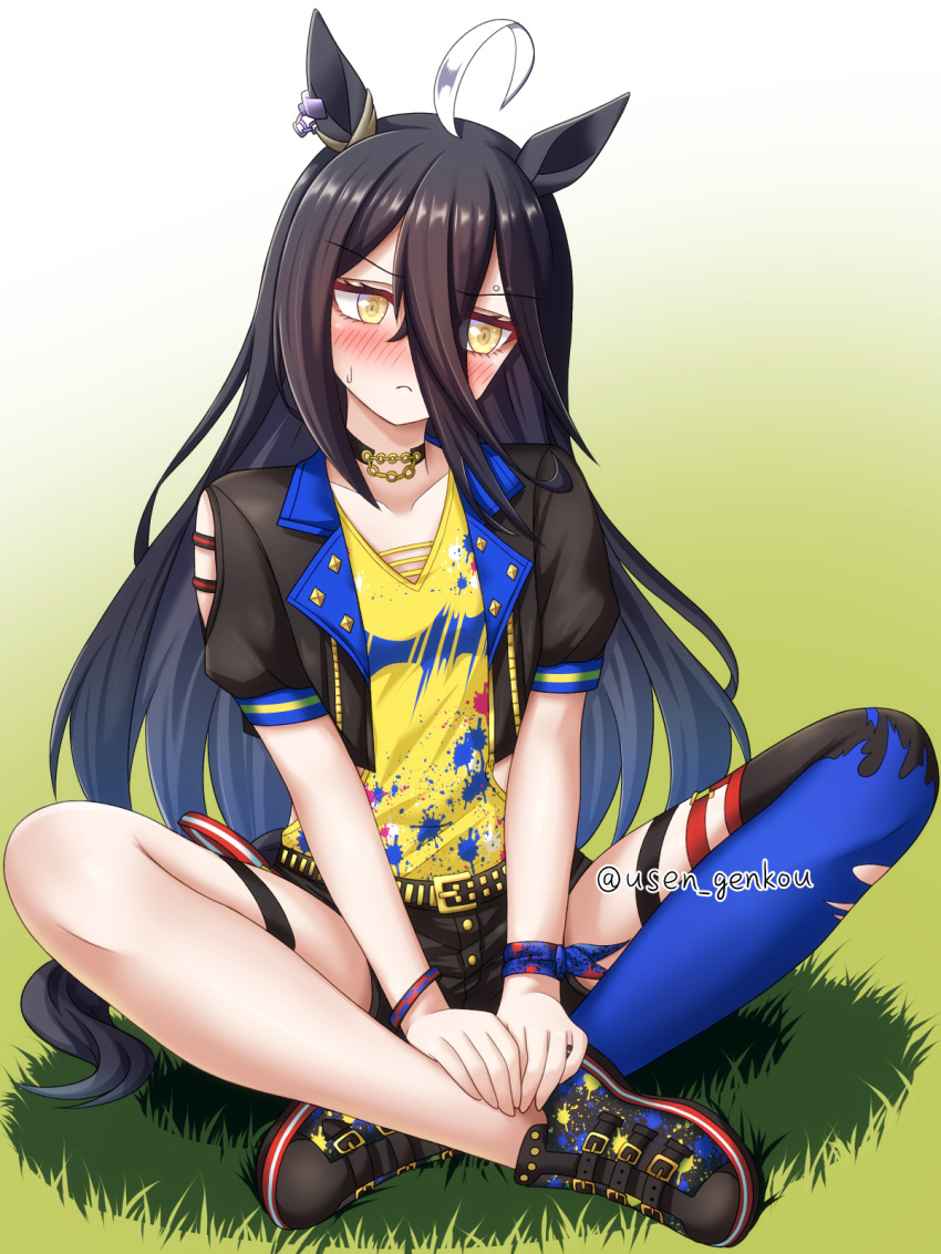 1girl, ahoge, air_shakur_(umamusume), air_shakur_(umamusume)_(cosplay), animal_ears, arm_cutout, belt, black_belt