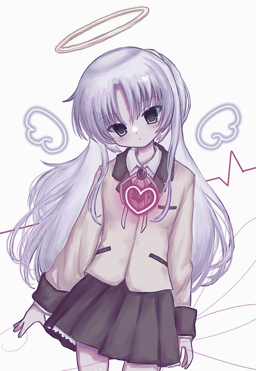 1girl, angel_beats!, black_skirt, blazer, blush, brooch, cardiogram, closed_mouth
