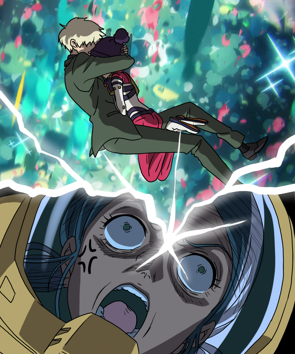 1boy, 2girls, amate_yuzuriha, anger_vein, beanie, black_hair, blonde_hair, char_aznable