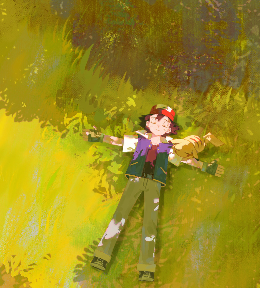 1boy, ash_ketchum, closed_eyes, closed_mouth, commentary_request, day, explodjelly, fingerless_gloves