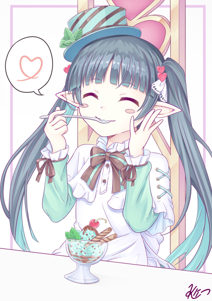 artist_name, black_hair, black_ribbon, closed_eyes, dress, food, frilled_dress, frilled_sleeves, frills, hat, highres, holding, holding_spoon, ice_cream, iris_mysteria!, k_(nura-rikuo), long_hair, mint_chocolate, naja_(iris_mysteria!), ribbon, smile, spoon, twintails, utensil_in_mouth, white_dress