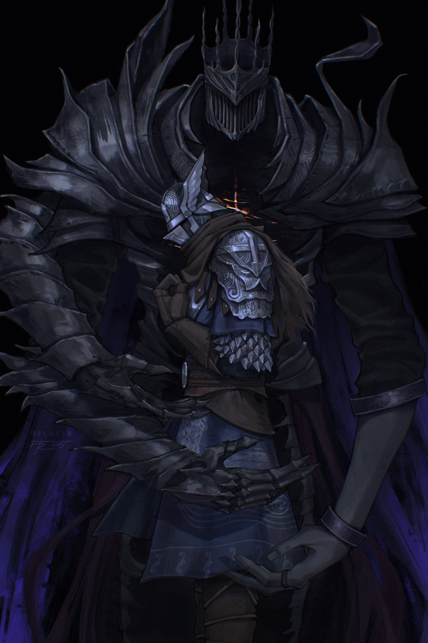 1boy, 1other, armor, black_background, blue_surcoat, brown_cape, brown_gloves, cape, elden_ring, elden_ring_nightreign, extra_arms, flayyrart, from_side, full_armor, gauntlets, gloves, great_rune_(elden_ring), helmet, heolstor_the_nightlord, highres, scale_armor, spiked_helmet, winged_helmet, wylder_(elden_ring)