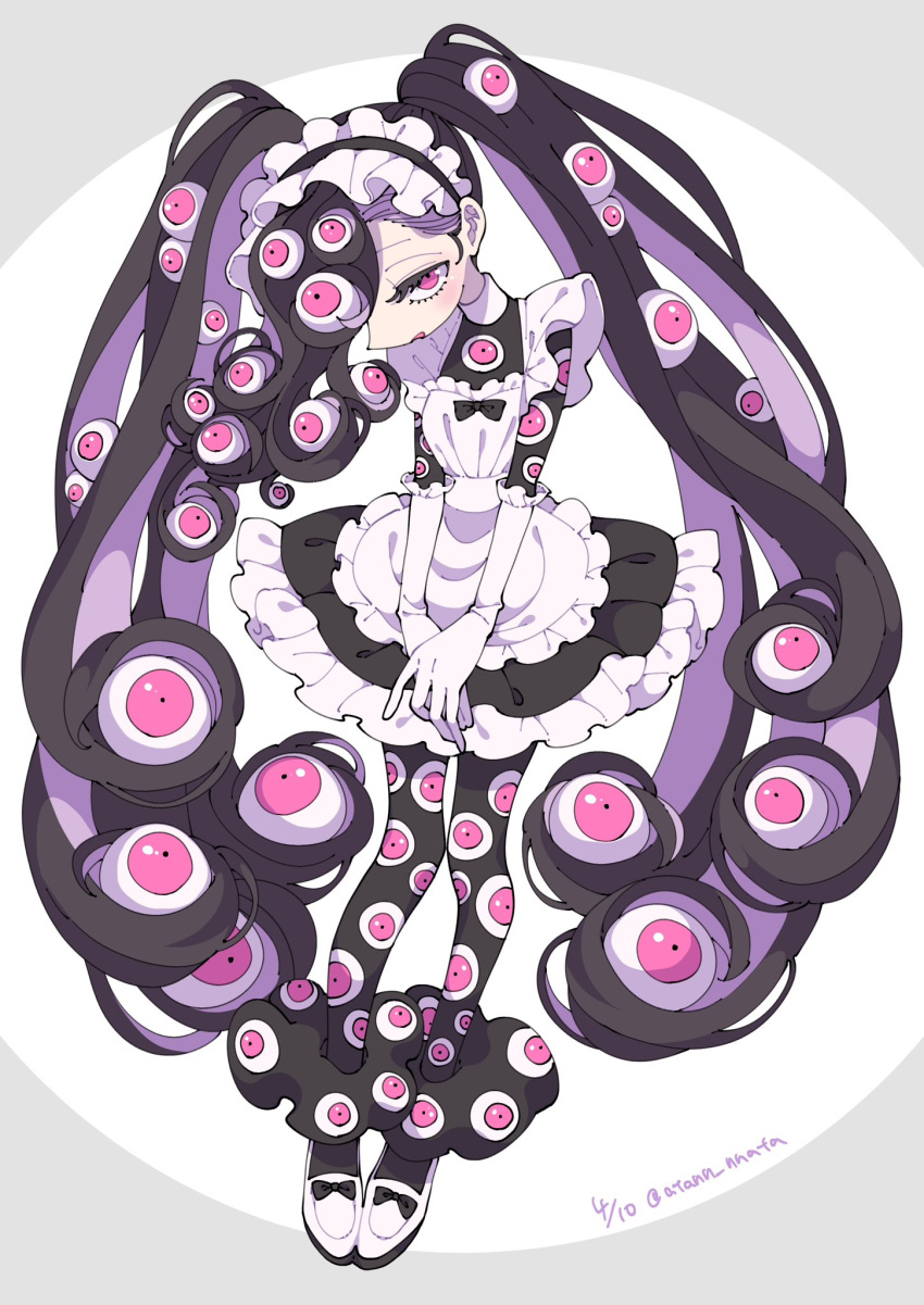 1girl, apron, artist_name, atann_nnata, black_bow, black_dress, black_hair, black_thighhighs