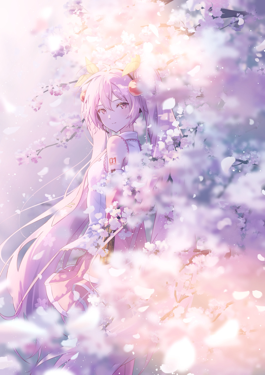 1girl, absurdres, awai_uta, bare_shoulders, blurry, blurry_foreground, breasts, cherry_blossoms