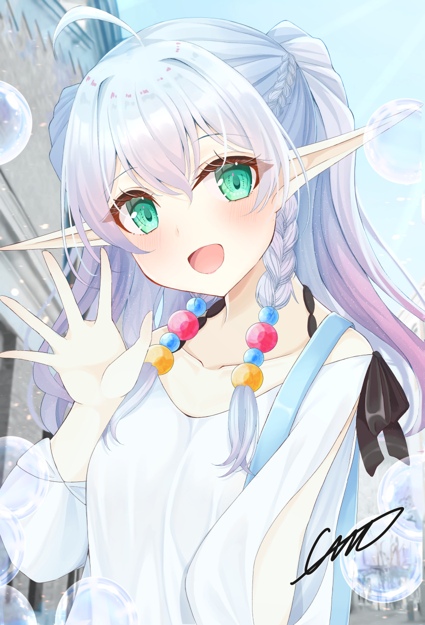 1girl, absurdres, ahoge, artist_name, bare_shoulders, braid, bubble, emn