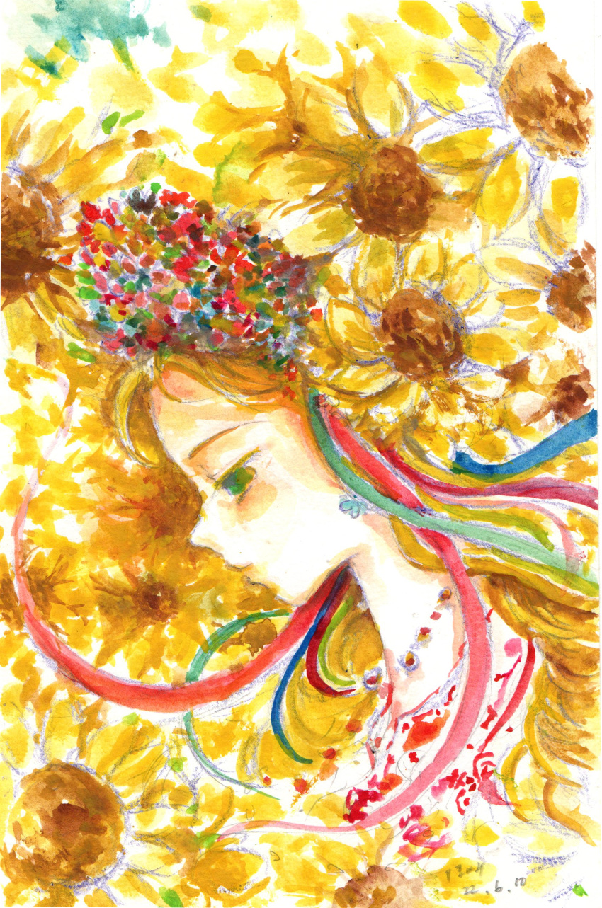 1girl, abstract_background, absurdres, blonde_hair, dated, floral_background, flower, green_eyes