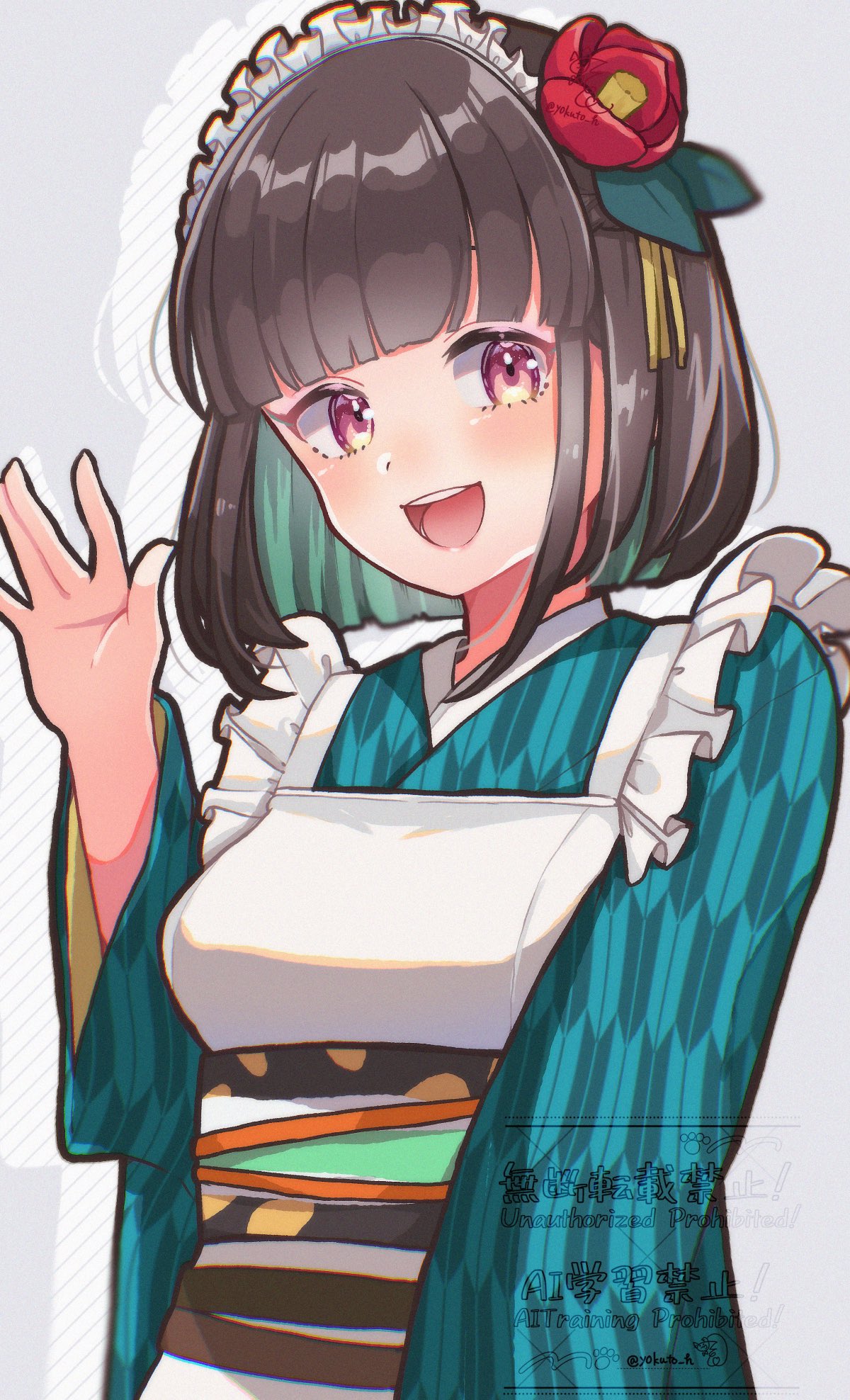 1girl, :d, \||/, apron, black_hair, blunt_bangs, breasts, colored_inner_hair, commentary_request, flower, green_hair, hair_flower, hair_ornament, hand_up, highres, iroha_(rune_factory), japanese_clothes, kimono, long_sleeves, looking_at_viewer, maid, maid_headdress, medium_breasts, multicolored_hair, obi, open_hand, open_mouth, pink_eyes, red_eyes, red_flower, rune_factory, rune_factory:_guardians_of_azuma, sash, short_hair, smile, solo, upper_body, wa_maid, waving, white_apron, wide_sleeves, yagasuri, yokuto