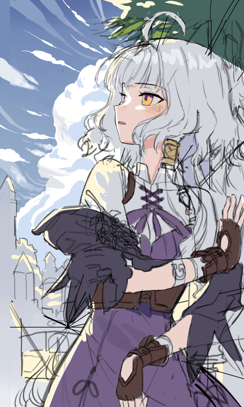 1girl, absurdres, ahoge, ekah96, grey_hair, highres, hot, mabinogi, multicolored_eyes, outdoors, rowan_(mabinogi), sweat, two-tone_eyes, violet_eyes, yellow_eyes