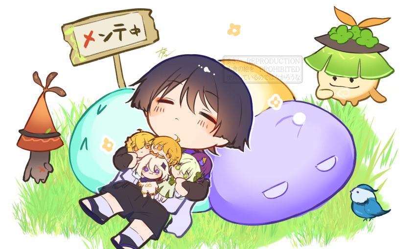 1boy, aether_(genshin_impact), aranara_(genshin_impact), arapas_(genshin_impact), arasaka_(genshin_impact), bird, black_bridal_gauntlets, black_hair