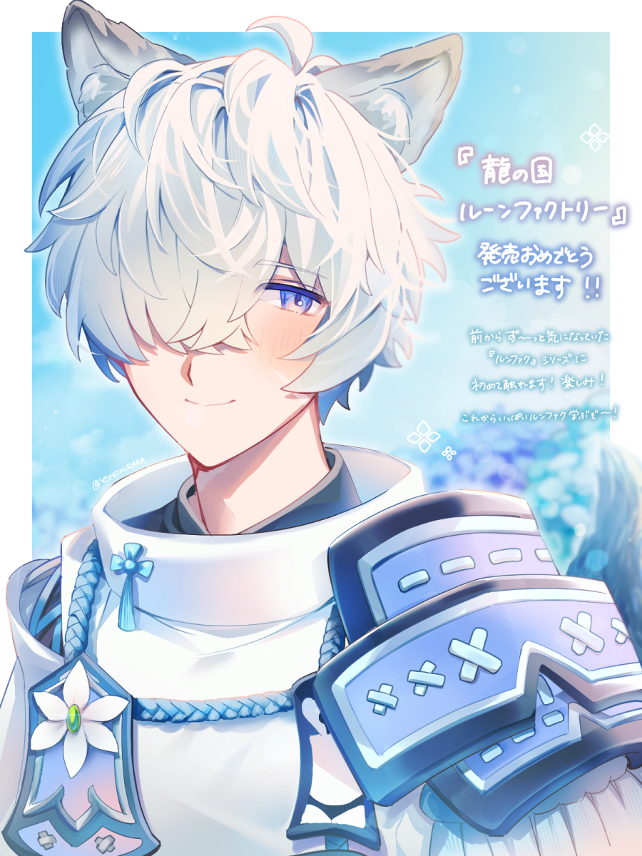 1boy, animal_ear_fluff, animal_ears, armor, blue_background, blue_eyes, blue_hair, blush