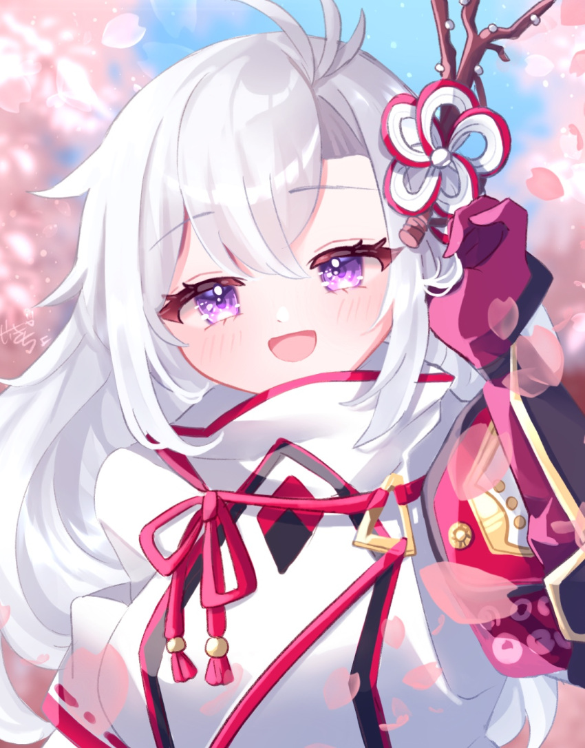 1girl, :d, armor, blurry, blurry_background, blush, cherry_blossoms, commentary_request