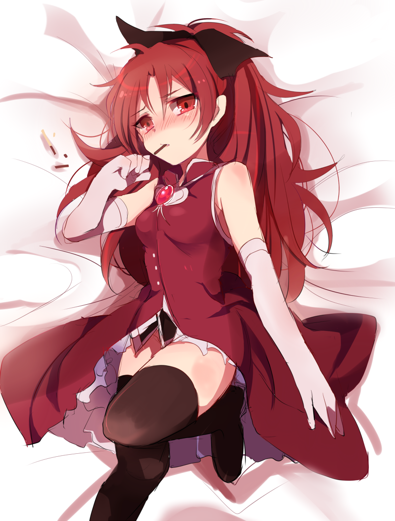 asprach, bed, black_legwear, blush, dakimakura, lying, magical_girl, mahou_shoujo_madoka_magica