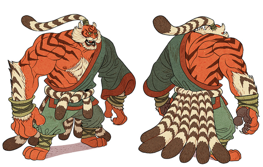 1boy, afuchan, back_muscles, barefoot, broad_shoulders, chinese_clothes, chinese_mythology, claws, facial_hair, fangs, mature_male, muscular, muscular_male, open_mouth, sash, simple_background, tiger, tiger_boy, tiger_stripes, topknot, white_hair