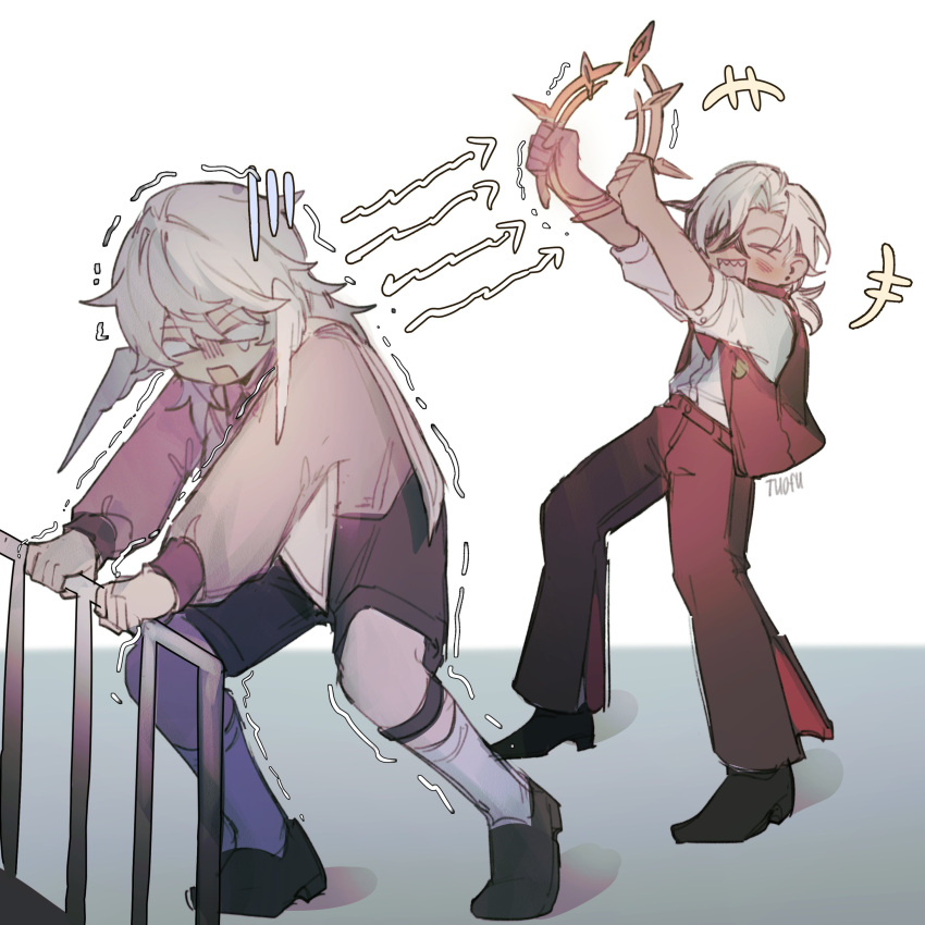 >_<, +++, 2boys, absurdres, aged_down, arrow_(symbol), belt, black_hair