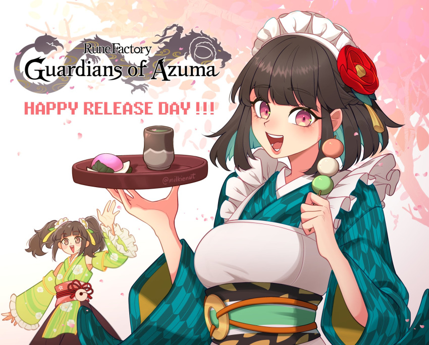 2girls, :d, apron, arm_up, black_hair, blue_kimono, blunt_bangs, blush