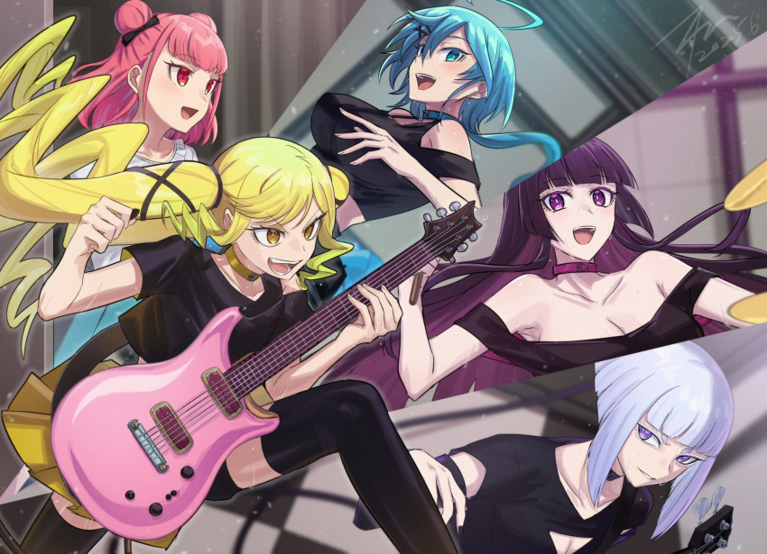 5girls, aoki_shizumi, black_shirt, black_thighhighs, blonde_hair, blue_eyes, blue_hair, double_bun