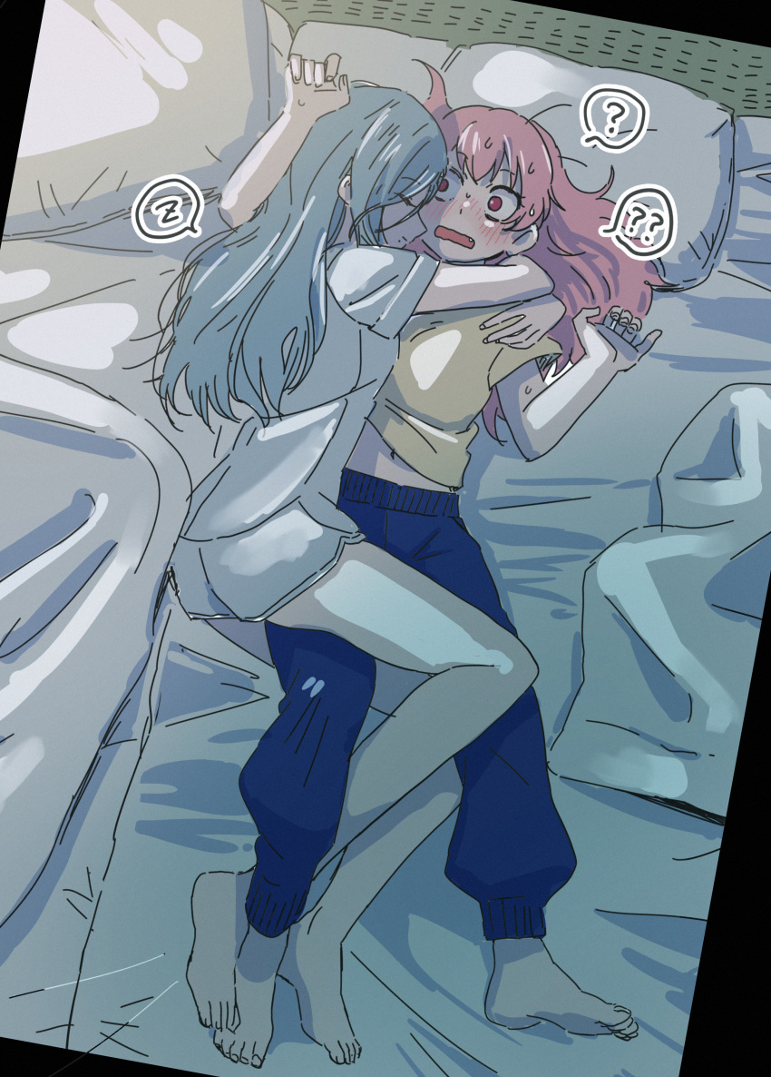 2girls, ?, absurdres, barefoot, blue_hair, blue_pants, blush, closed_eyes