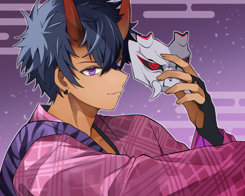 1boy, black_gloves, blue_hair, closed_mouth, commentary_request, dark-skinned_male, dark_skin, demon_boy, earrings, eco_(comochz), egasumi, fingerless_gloves, gloves, hair_between_eyes, hand_up, highres, holding, holding_mask, horns, japanese_clothes, jewelry, kai_(rune_factory), looking_at_viewer, male_focus, mask, oni, outline, purple_background, rune_factory, rune_factory:_guardians_of_azuma, short_hair, smile, solo, unworn_mask, upper_body, violet_eyes