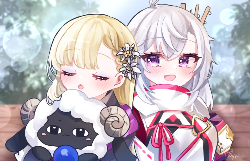 2girls, :d, bench, blonde_hair, blurry, blurry_background, blush, bokeh