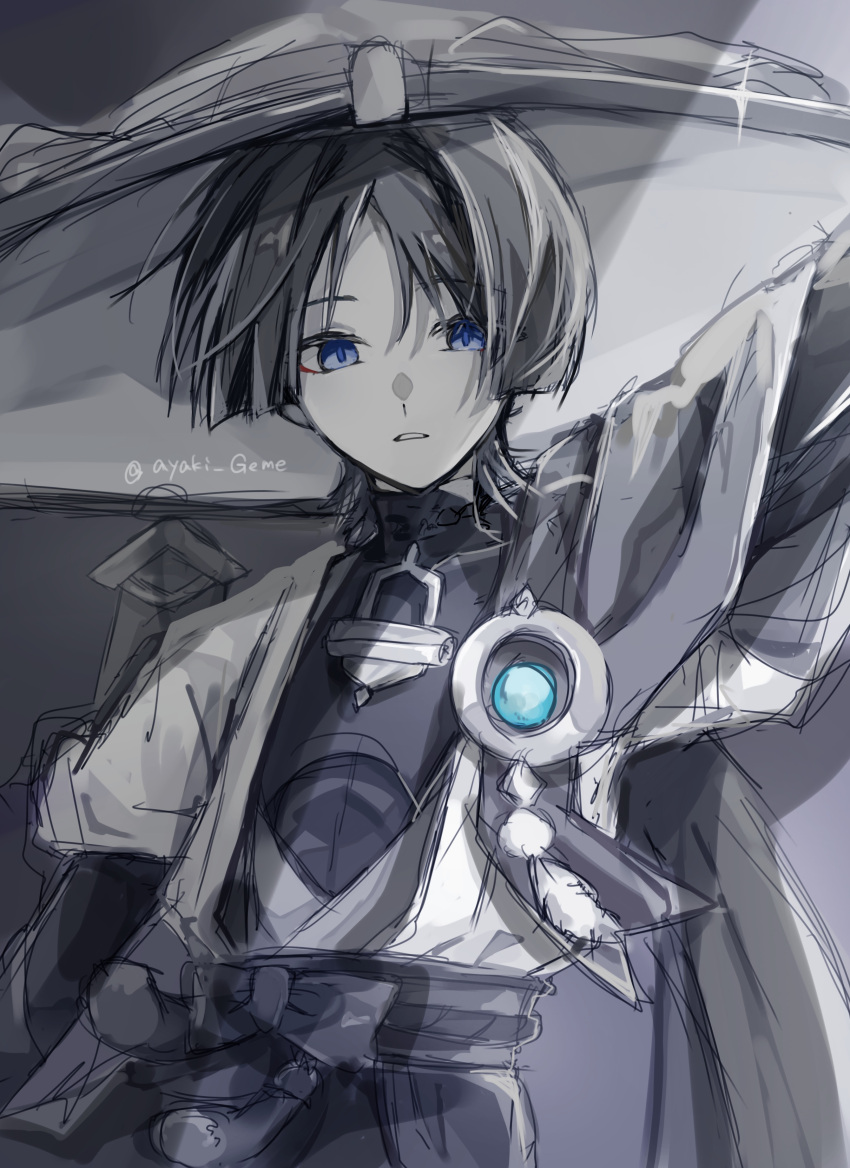 1boy, absurdres, arm_at_side, arm_up, ayateru_(ayaki_geme), belt, blue_gemstone, blue_pupils