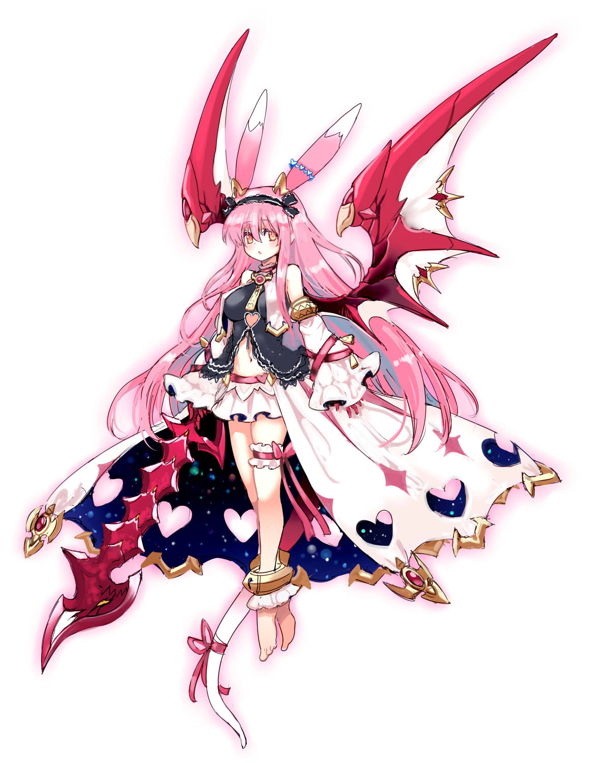 1girl, ajitarou_(setsu), animal_ears, barefoot, black_dress, breasts, demon_wings, dress, emil_chronicle_online, highres, long_hair, looking_at_viewer, medium_breasts, mitama_nanai, navel, pink_hair, rabbit_ears, skirt, sword, weapon, white_background, wide_sleeves, wings, yellow_eyes