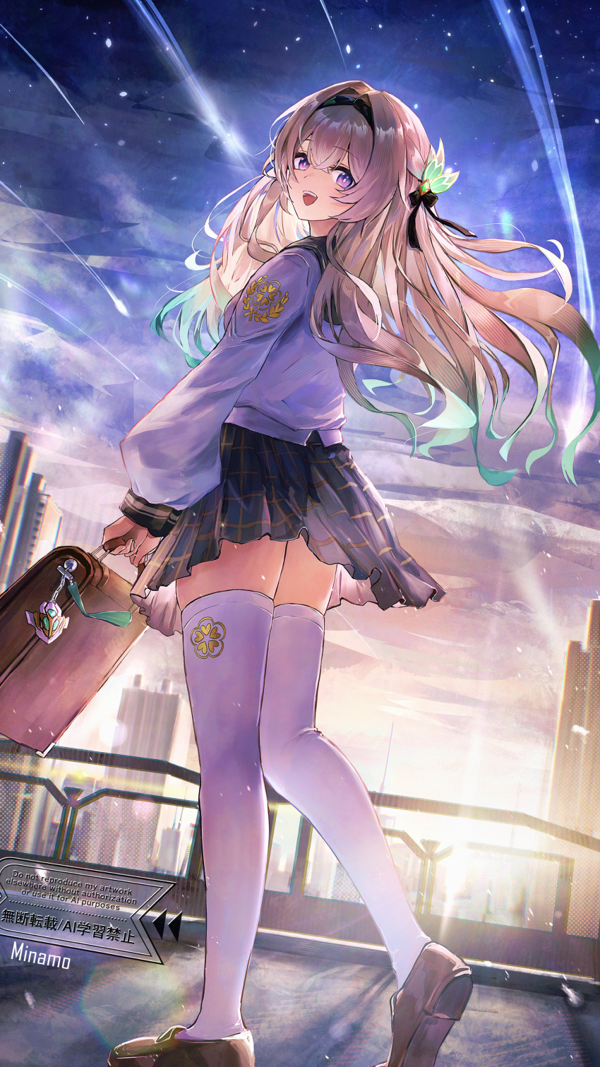 1girl, absurdres, aqua_hair, bag, black_hairband, black_sailor_collar, black_shoes, black_skirt