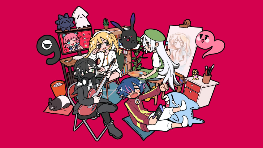 akutagawa_yomuko, alien, animal_ear_headphones, animal_ears, ankle_boots, apron, aqua_eyes, aqua_hair