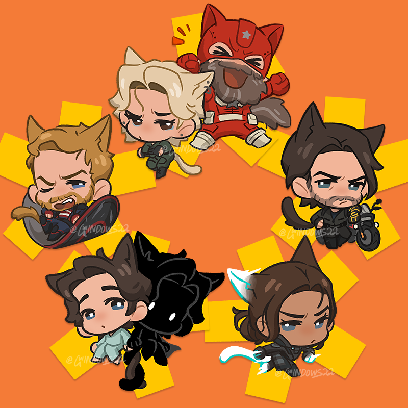 >_<, 2girls, 5boys, animal_ears, animification, arms_up, barefoot, beard, belt, black_belt, black_bodysuit, black_boots, black_gloves, blonde_hair, blue_eyes, blue_pants, blue_shirt, bodysuit, boots, brown_hair, bucky_barnes, cat_ears, cat_tail, chibi, chibi_only, clenched_hands, closed_eyes, closed_mouth, crossed_arms, dark-skinned_female, dark_skin, dual_persona, ear_piercing, english_commentary, facial_hair, fang, father_and_daughter, fingerless_gloves, full_body, ghost_(marvel), gloves, green_bodysuit, gwindows22, hand_on_own_hip, happy, helmet, john_walker_(marvel), jumping, kemonomimi_mode, long_sleeves, looking_at_another, looking_at_viewer, marvel, marvel_cinematic_universe, motor_vehicle, motorcycle, multiple_boys, multiple_girls, notice_lines, one_eye_closed, open_mouth, orange_background, pants, piercing, pocket, red_gloves, red_guardian_(marvel), sentry_(marvel), shield, shirt, short_hair, sitting, smile, standing, star_(symbol), striped_bodysuit, superhero_costume, tail, teeth, thunderbolts_(movie), v-shaped_eyebrows, white_belt, white_boots, yelena_belova