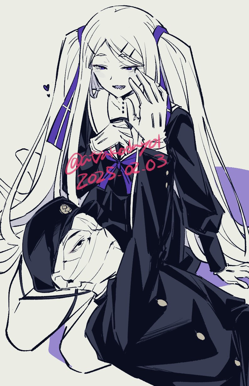 1boy, 1girl, arm_support, atyakodayo1, bandaged_head, bandages, black_jacket, covered_face