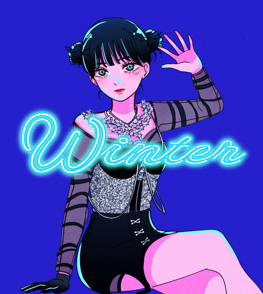 1girl, aespa, arm_up, black_gloves, blue_background, blue_eyes, blunt_bangs, closed_mouth